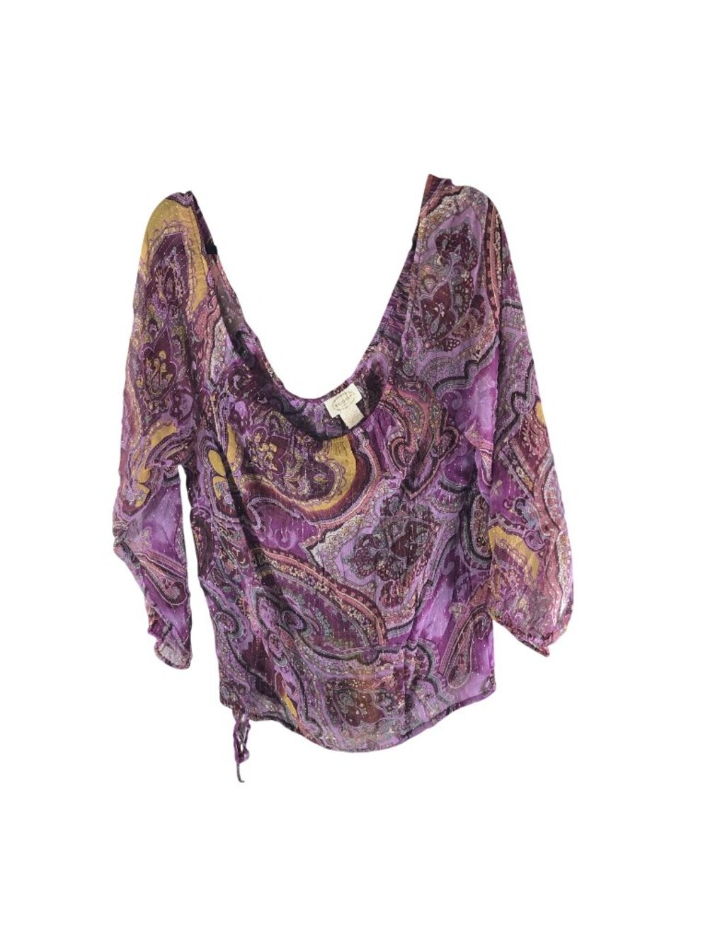 Scoop Beach Womens Paisley Sheer Silk Top Cover Up Tie Waist Purple & Yellow S